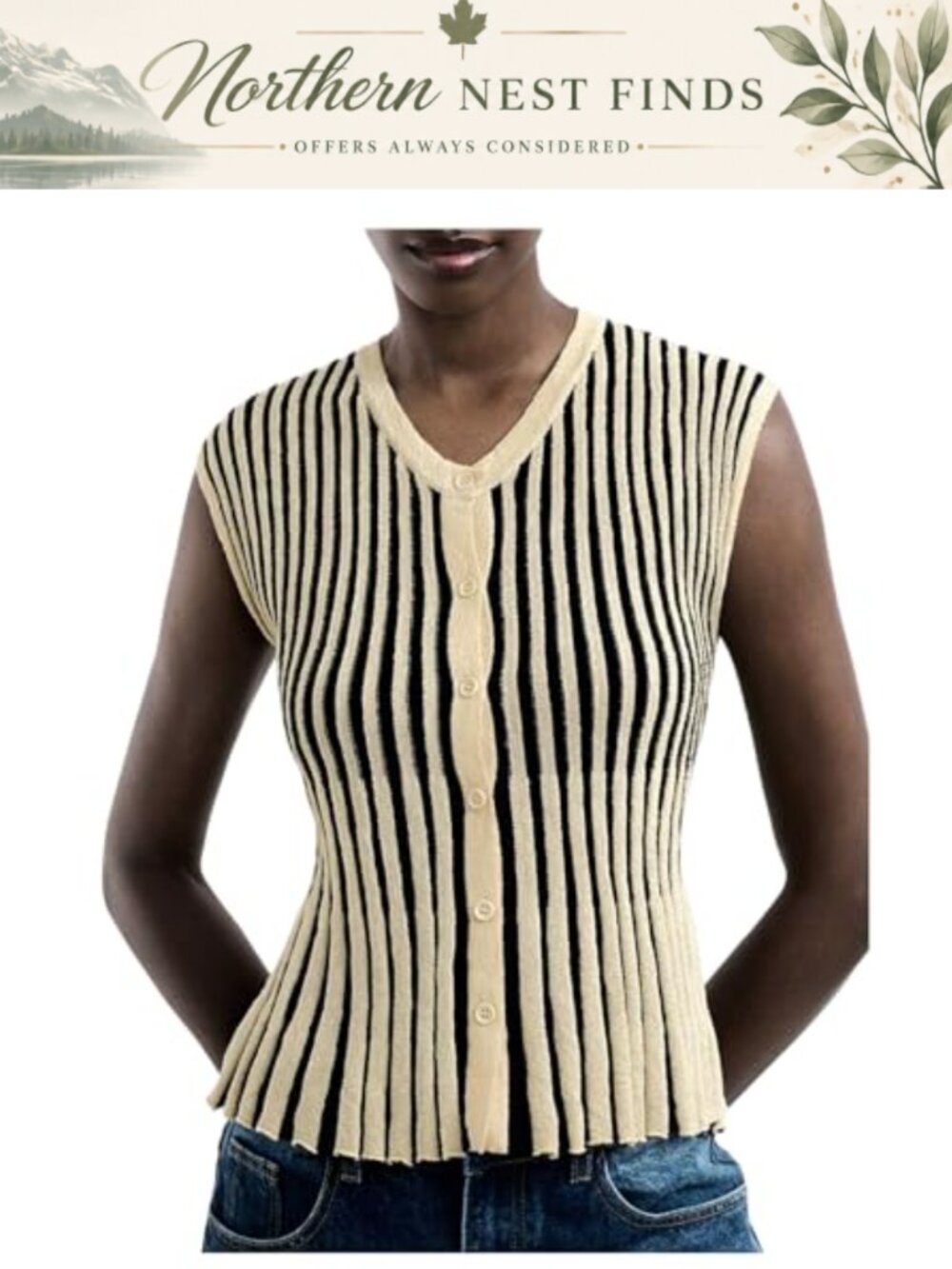 Women's Striped Knit Vest V Neck Button Down Sleeveless Sweater